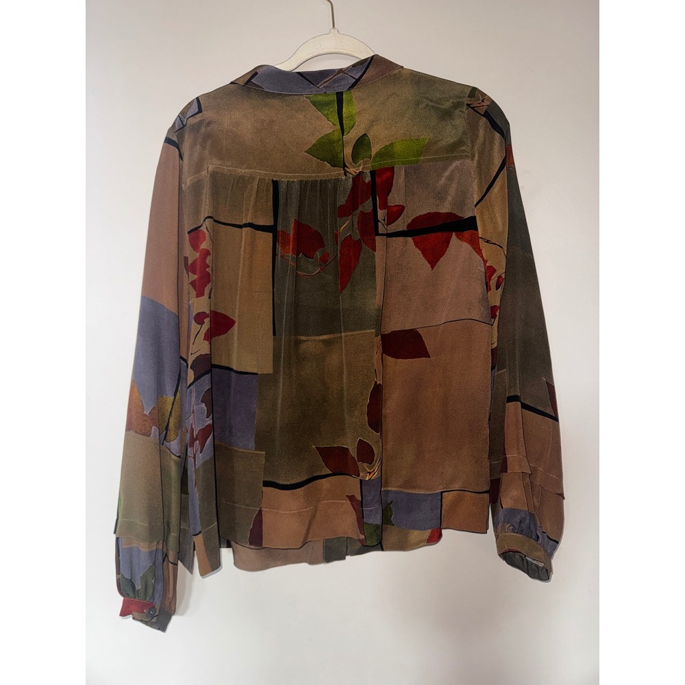 Poetry 100% Silk Artistic Abstract Floral Print Blouse Brown Olive US 12 - Picture 4 of 6